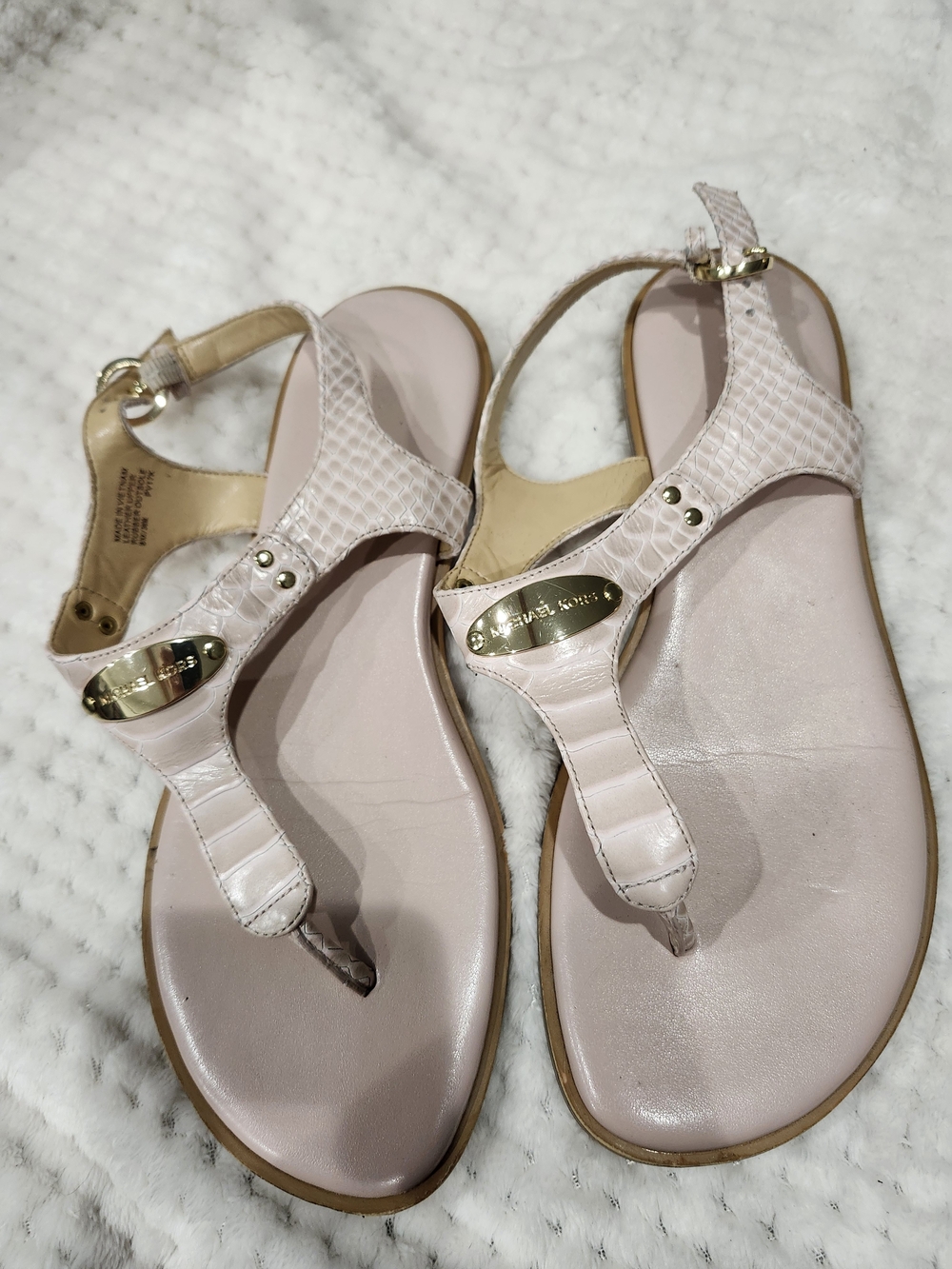 Michael Kors Pale Blush Leather T-Strap Sandals with Gold Logo